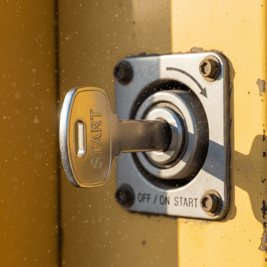 Close-up of a heavy equipment ignition key and start button