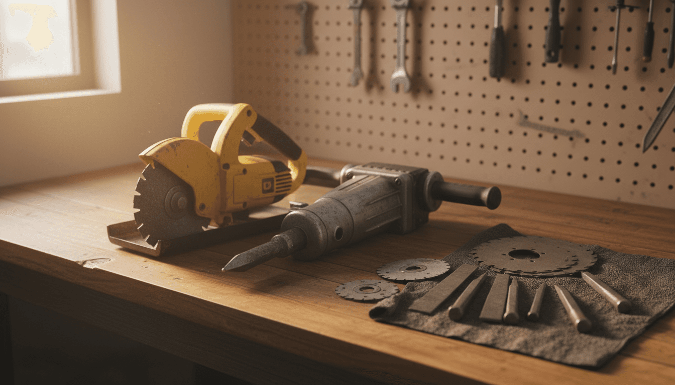 Power tools laid out on workshop bench including concrete saw and jackhammer