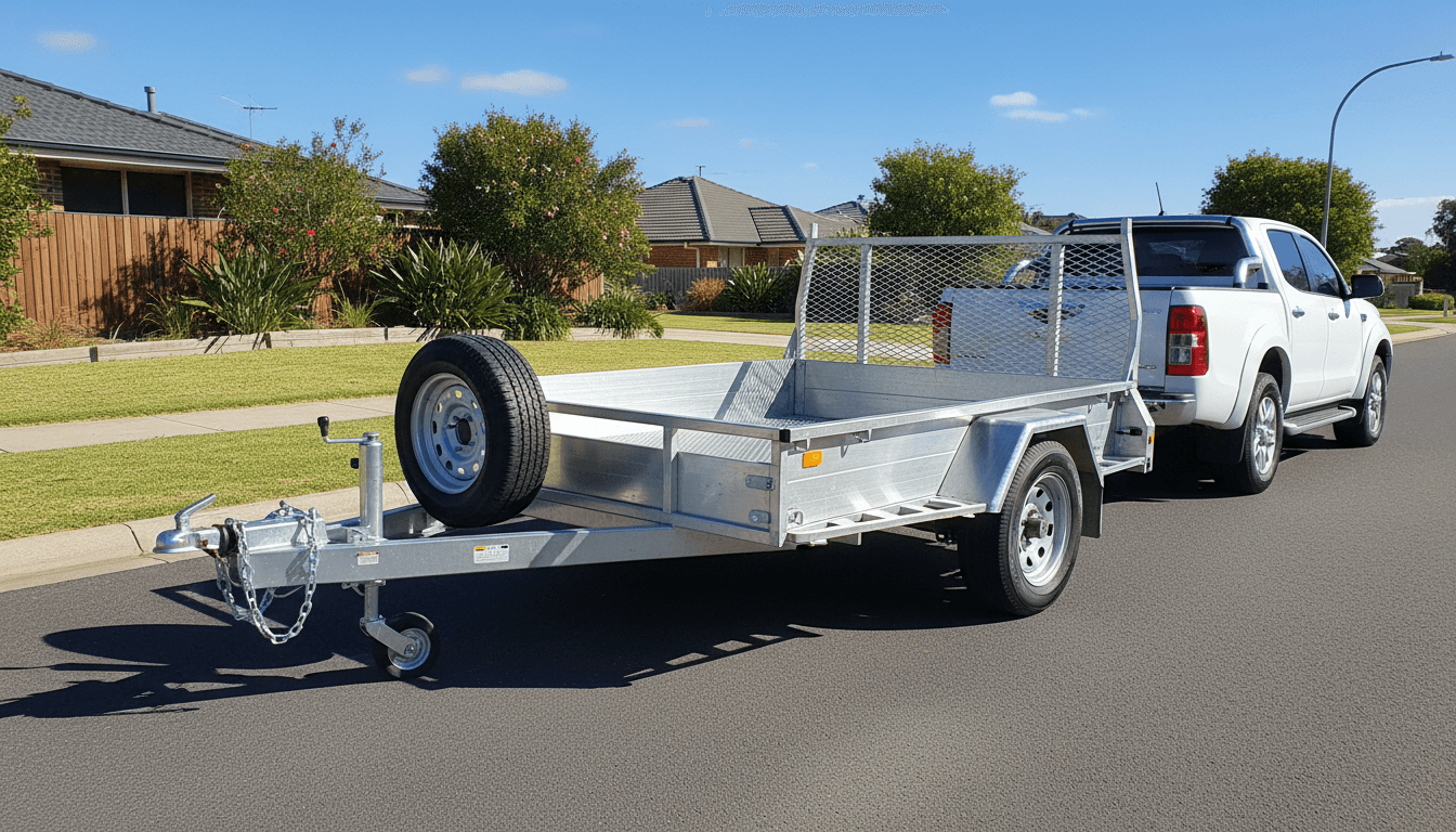 Utility trailer hitched to a ute on suburban street
