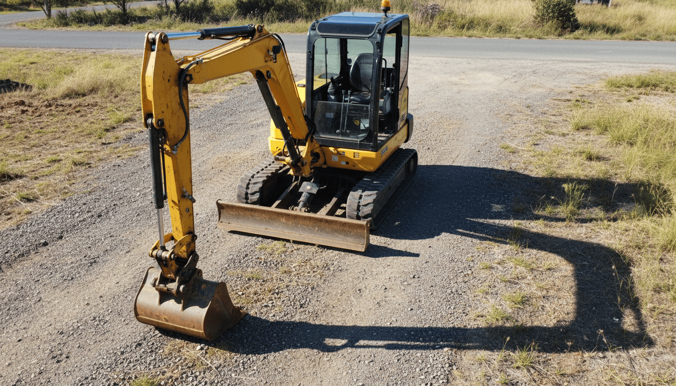 Compact excavator parked on gravel driveway in Adelaide