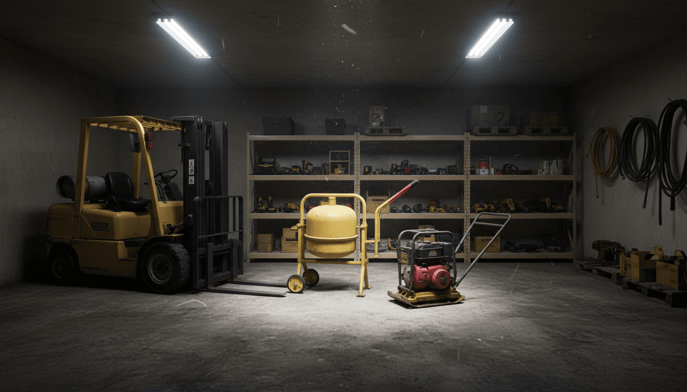 Warehouse interior with mud mixer and plate compactor on concrete floor